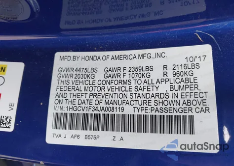 2018 Honda Accord Sport z USA, uszkodzony, nr VIN 1HGCV1F34JA008119